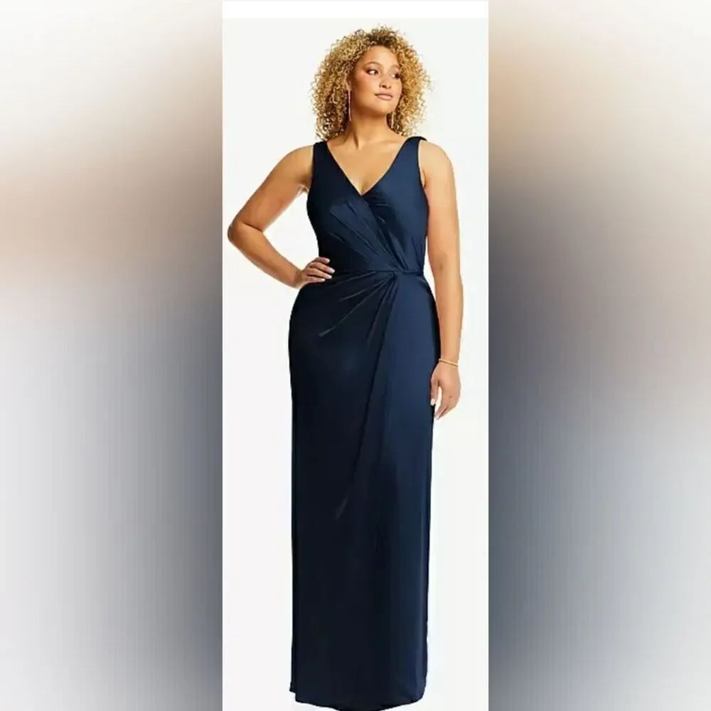 After Six 6864 FAUX WRAP SATIN MAXI DRESS WITH DRAPED TULIP SKIRT NWT sz 4 blue